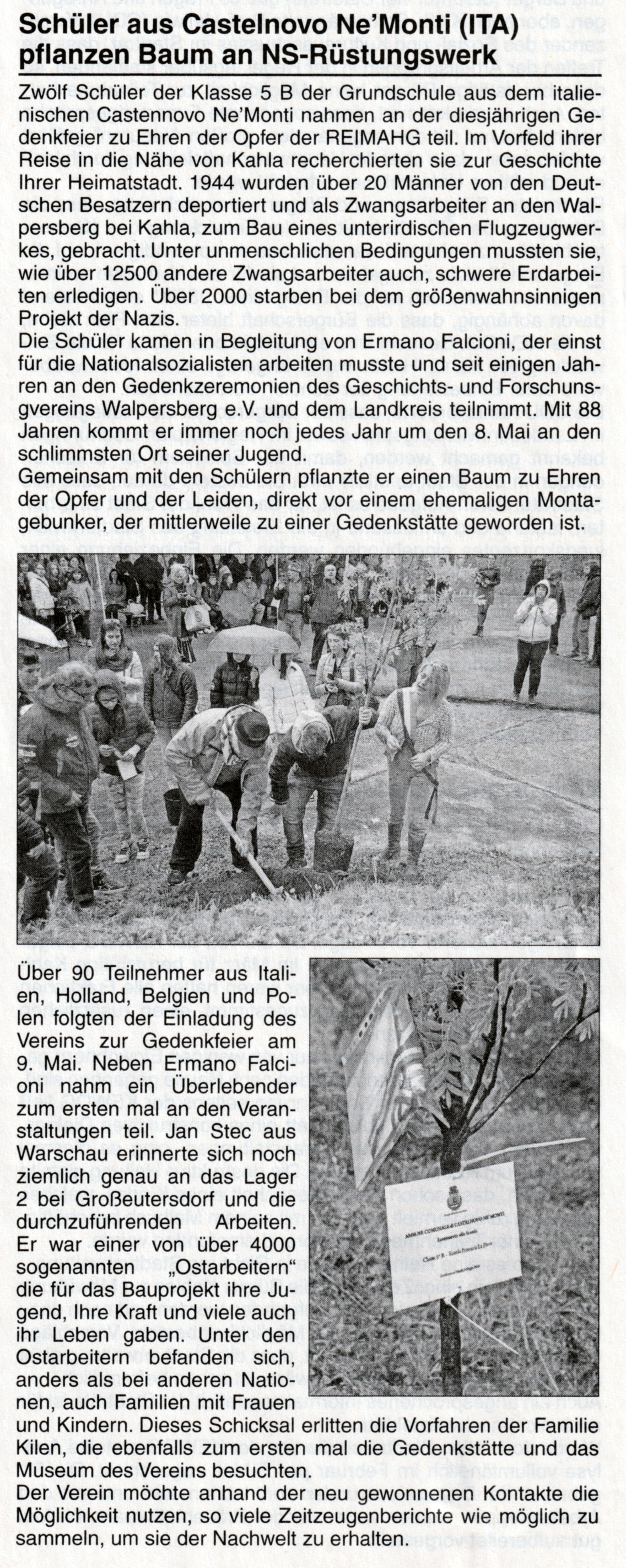 Artikel Kahlaer Nachrichten 2014 – Schüler aus Castelnovo pflanzen Baum