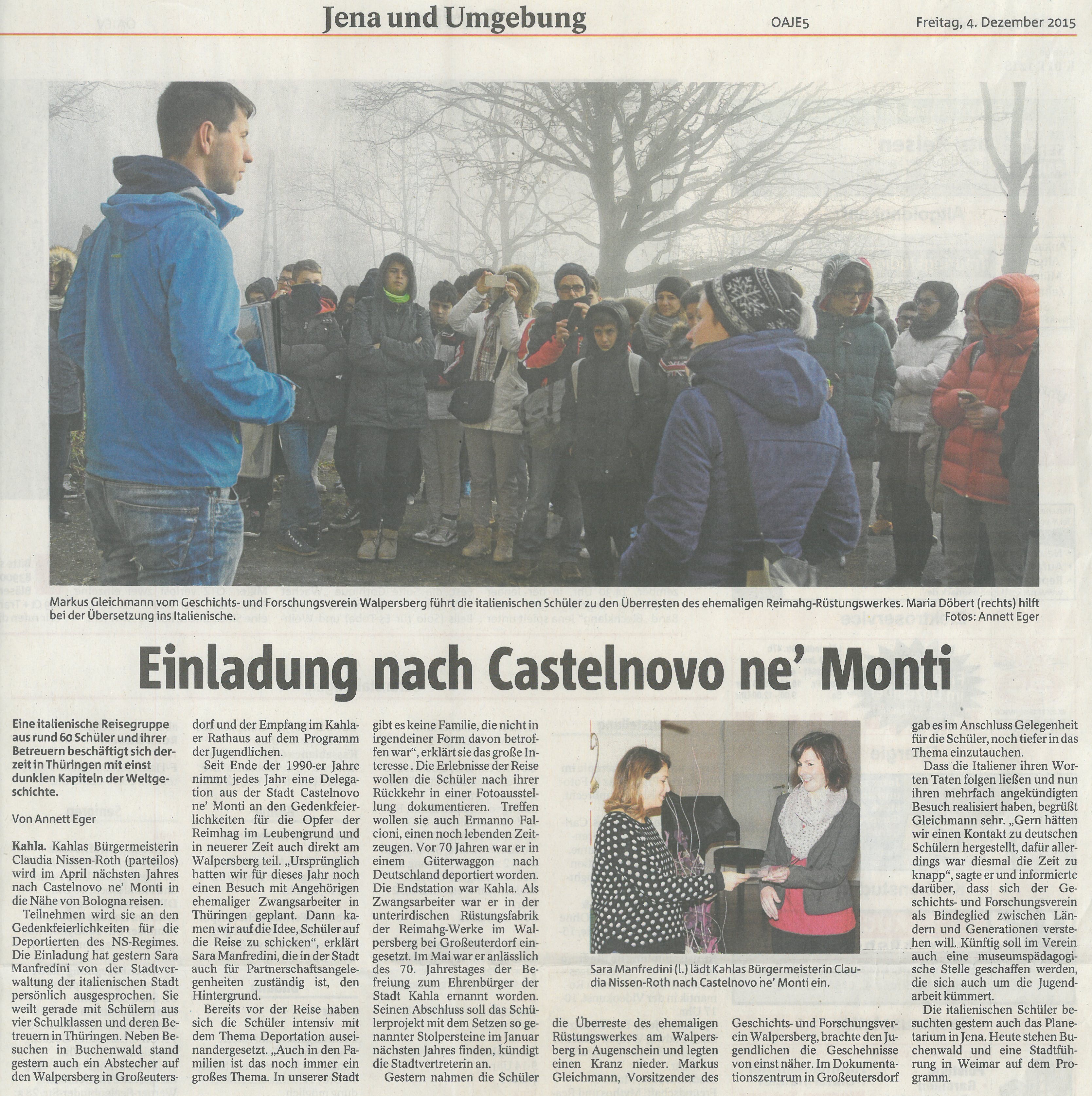 OTZ 2015 Artikel zu Schülerreise nach Castelnovo