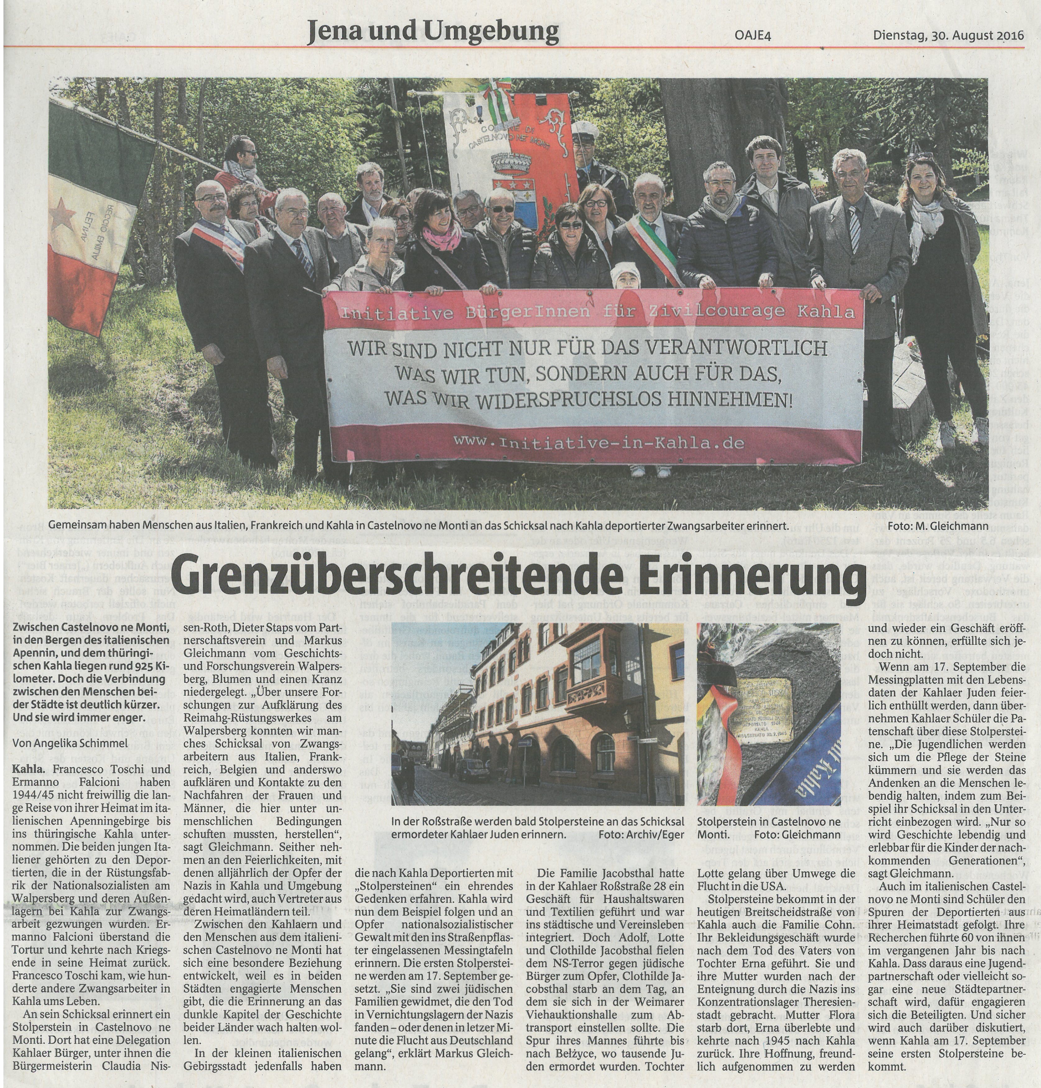 OTZ 2016 Artikel zu grenzüberschreitender Erinnerung in Castelnovo